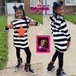 Black and white striped hooded sweater dress.